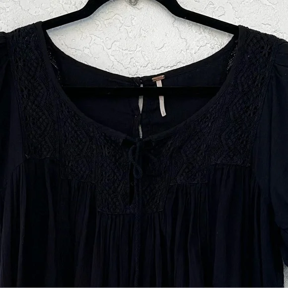 Free People Dress Tunic Small Boho Gauze Puff Sleeve Black Lace Trim - Picture 4 of 9